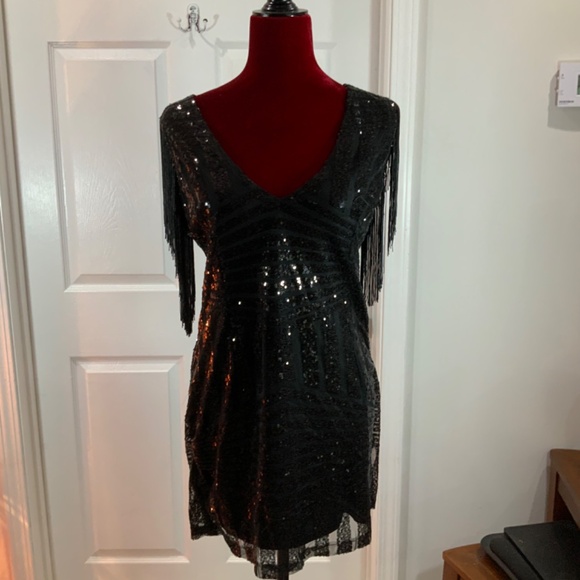 Capuffy Sequin Black Fringe Party Bodycon Mini Dress Size Large - Picture 2 of 10